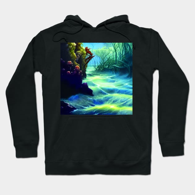 Mythical Plants in a Rough Sea with Big Waves, Scenery Nature Hoodie by Promen Art